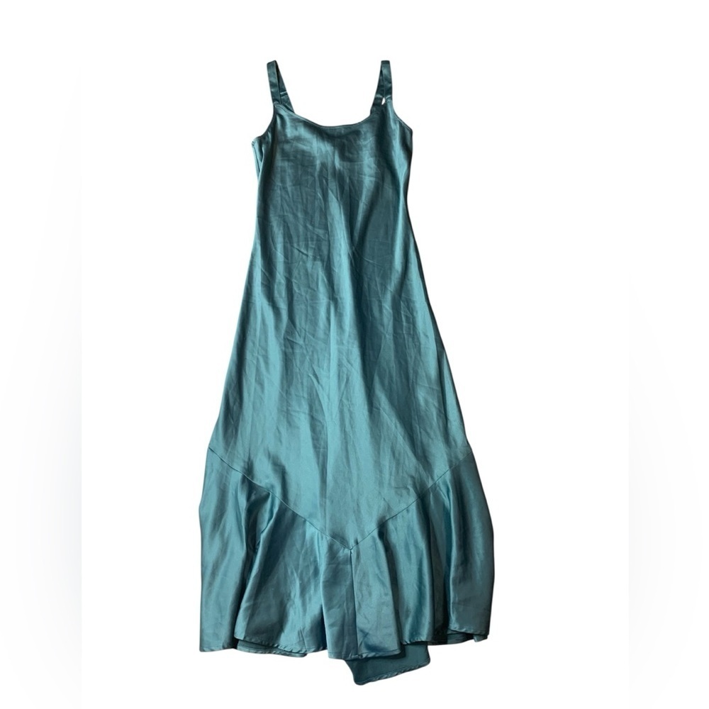 Dynamite Teal Blue Satin Maxi Slip Dress - Ruffle Hem - Size P/S